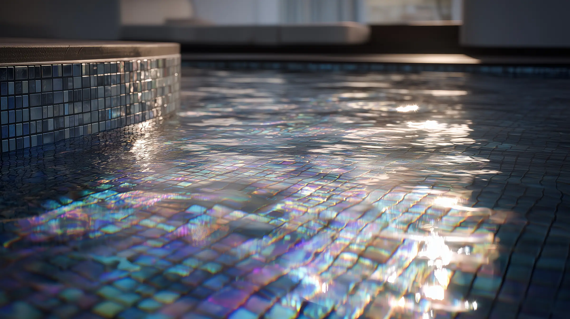 Iridescent glass mosaic pool and spa tile installation