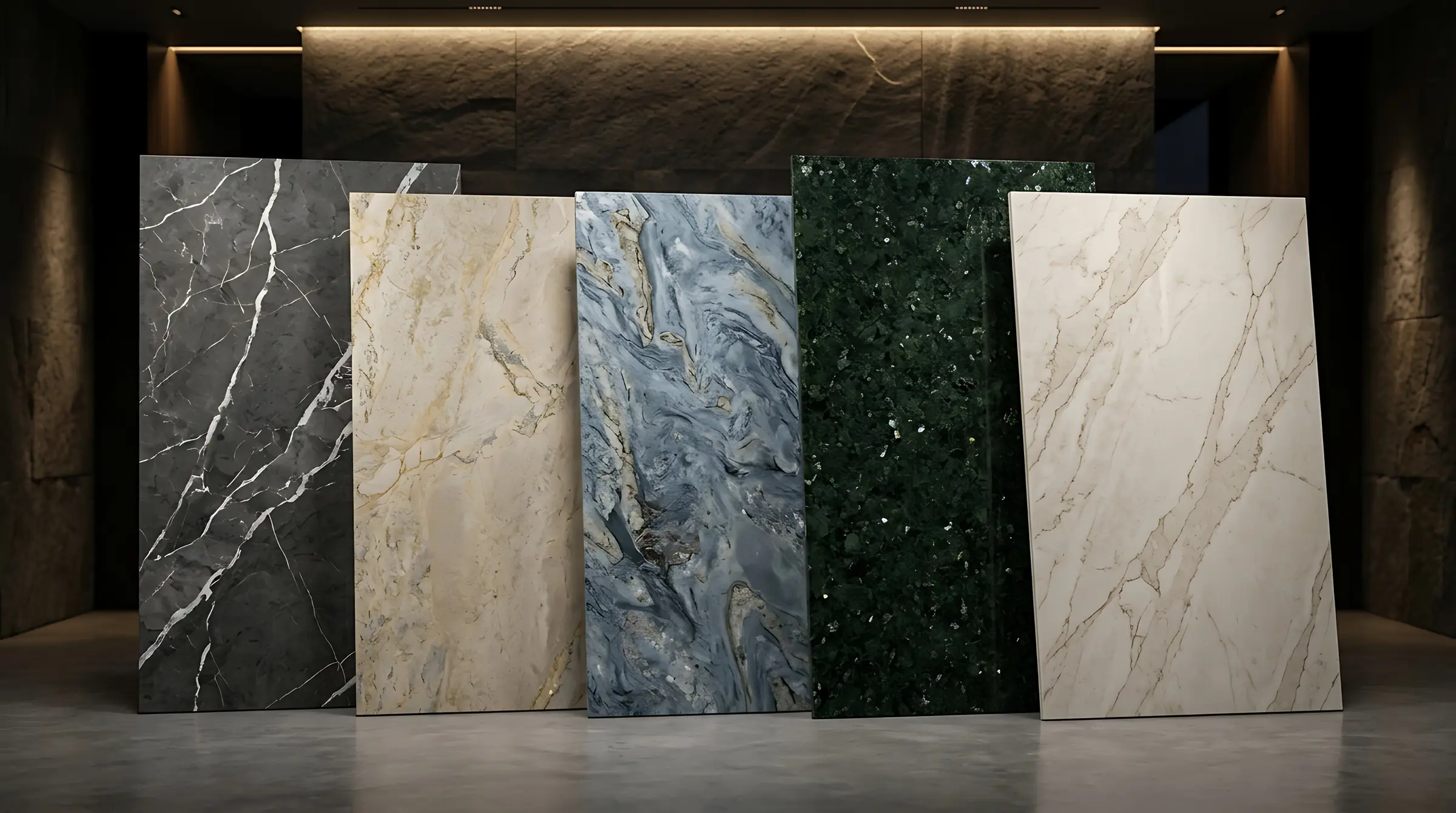 Large format marble look porcelain slab shower wall installation