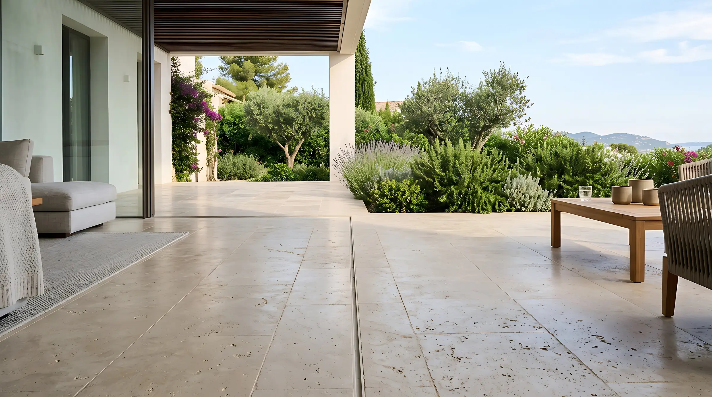 Honed travertine outdoor patio pavers and pool decking